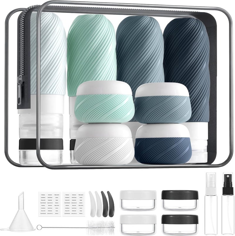 LitBear 23 Pack TSA Approved Travel Bottles for Toiletries, Leak Proof Refillable Travel Size Containers Kit with Silicone Squeezable Bottles Jars for Shampoo Lotion Conditioner, in Clear Bag, Gray - Image 1